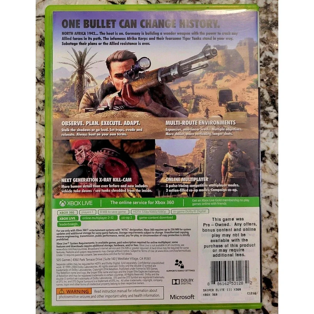 XBOX 360: SNIPER ELITE 3 Afrika Military War Shooter,TESTED &WORKING, FAST SHIP